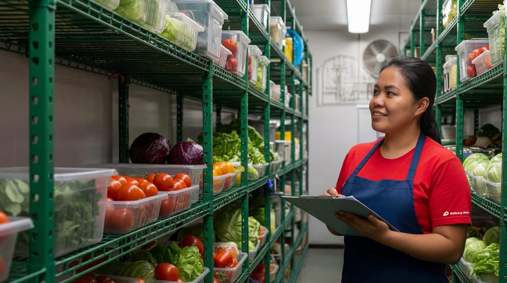 Delivery Hero team member holding a clipboard in a produce storage aisle
