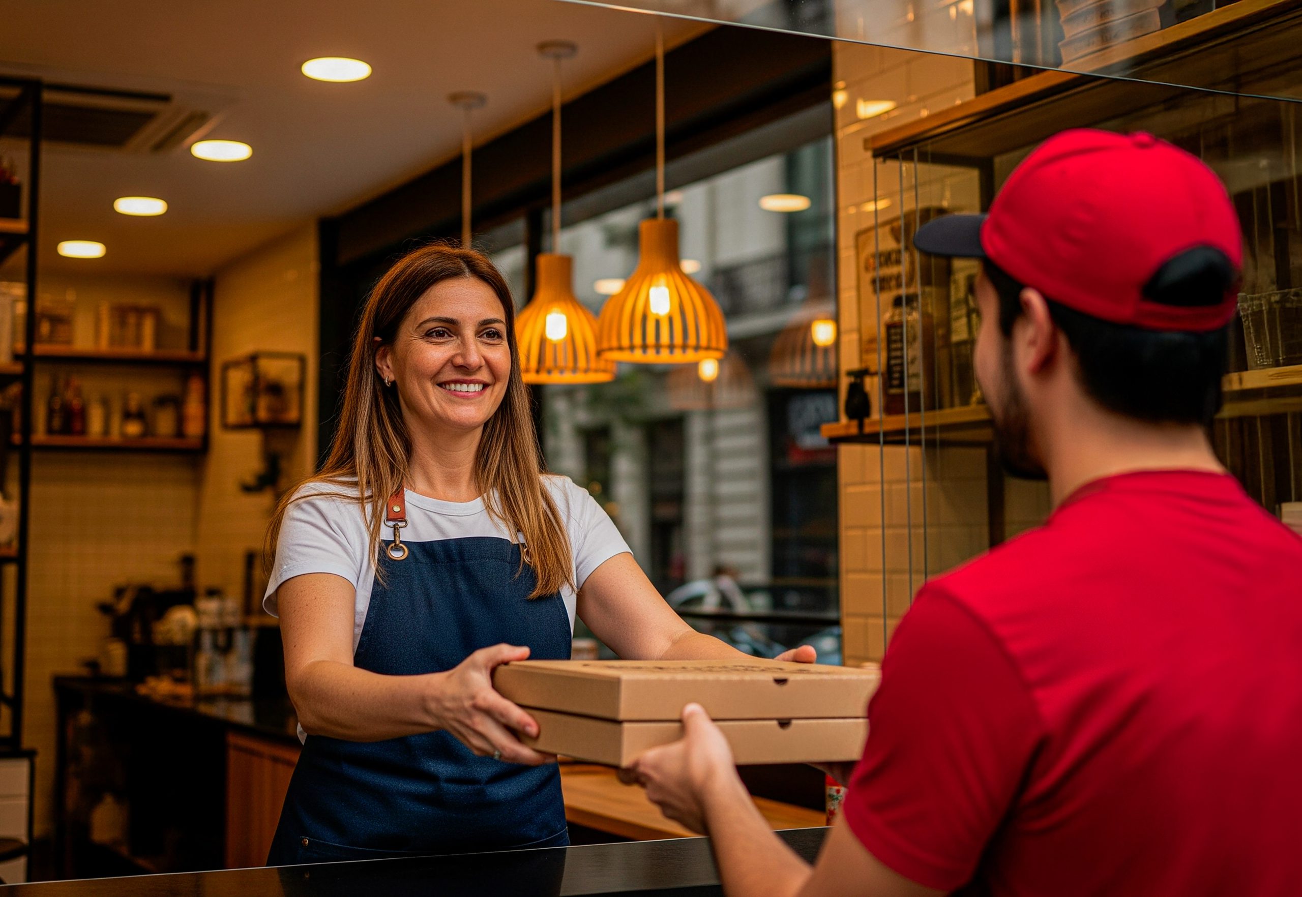 Restaurant owner handing pizza boxes to a Delivery Hero rider at the counter